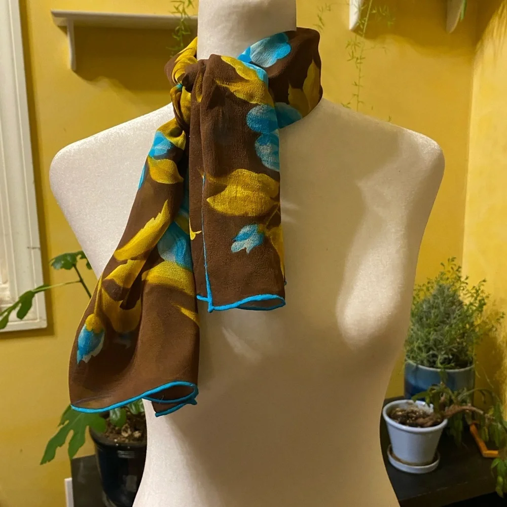 Vibrant Brown Chiffon Scarf Blue and Yellow Floral Hand-Rolled Edges